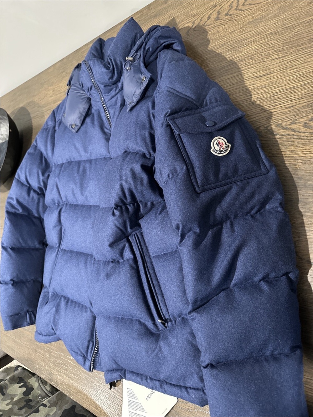 Moncler Montgenevre Hooded Wool Flannel Down Jacket In Navy, NWT Size 6